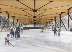 La Ville de Québec a donné le coup d’envoi aux travaux de construction de la patinoire BLEU BLANC BOUGE. Crédit : ABCP architecture 