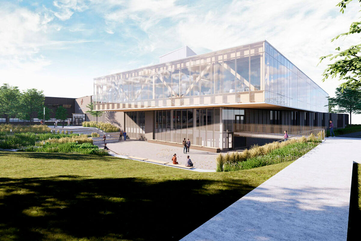 Le nouveau pavillon du Cégep de Drummondville se veut exemplaire tant au plan de la performance énergétique que du carbone intrinsèque. Image : consortium d’architecture Onico / Groupe A