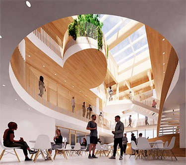 Le nouveau pavillon du Cégep de Drummondville fera la part belle au bois. Image: consortium d’architecture Onico / Groupe A