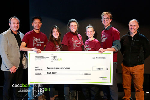 Louis Poliquin, directeur de Cecobois, Alex Ke (Université de Sherbrooke), Alexina Godbout (Université Laval), Marianne Lipp (École de technologie supérieure), Élisabeth Gagnon-Brûlé (Université du Québec à Chicoutimi), Laurent Savard (Université Laval), Laurent Decosterd de Cadwork. Crédit : Jonathan Avenel | Cecobois