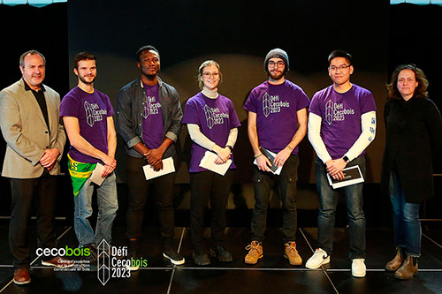 Louis Poliquin, directeur de Cecobois, Félix Gauvin (Université de Sherbrooke), Igor Jocelyn Blé (École Polytechnique de Montréal), Laury-Ann Therrien (Université de Montréal), Baptiste Escoffier (Université du Québec à Chicoutimi), Anthony Shea (École Polytechnique de Montréal), Annie Lalancette, architecte et chargée de projet à la Sépaq. Crédit : Jonathan Avenel | Cecobois