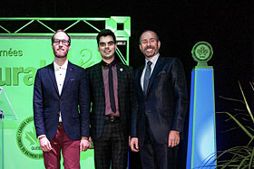 Marc-André Carignan, chroniqueur et présentateur de la soirée, Louis-Philip Bolduc, président du CBDCa – Québec (CBDCa-Qc), et Pierre Pomerleau, pdg de Pomerleau et président d'honneur du gala.