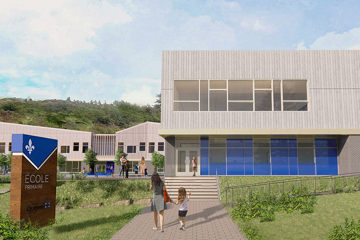 Conçue dans une perspective de développement durable, la nouvelle école primaire de Saint-Sauveur sera carboneutre en termes de consommation d’énergie. Image : consortium Atelier IDEA et BGLA 