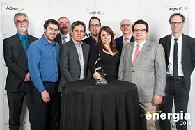 Jean Serge Daoust (EBC), Yan Ferron et Roland Charneux (Pageau Morel), André Perrotte (Saucier + Perrotte Architectes), Nicolas  Lemire et Christelle Proulx (Pageau Morel), Robert Ladouceur (Section du Québec du Conseil du bâtiment durable du Canada), Alfredo Lalama (Pageau Morel) et Stephan Blais (SDK) - Photo de AQME