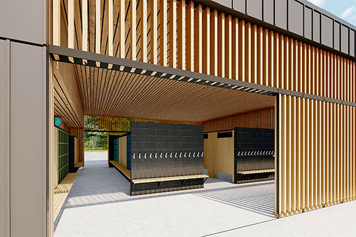 Le concept de la piscine À-la-Claire-Fontaine fera la part belle au bois et autres matériaux écoresponsables. Crédit: CCM2 Architectes