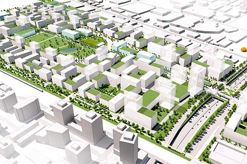 Le futur écoquartier Namur-Hippodrome : un milieu de vie complet, vert et axé sur le transport actif et collectif. Image : Ville de Montréal