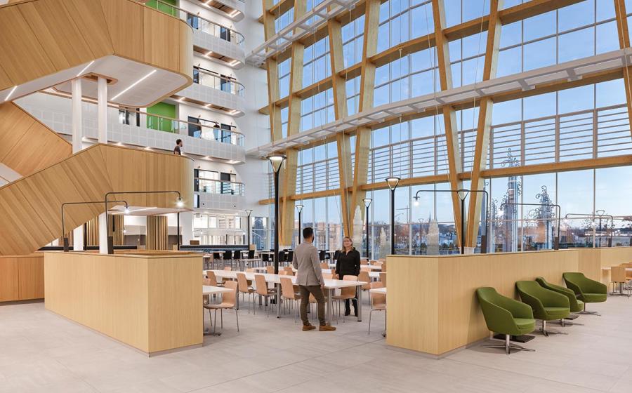 Le nouveau siège social de la CNESST, une réalisation dont le design est axé sur la santé et le confort des occupants. Photo : Stéphane Groleau