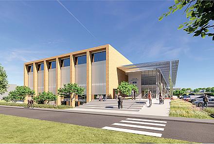 Le futur Centre sportif et communautaire, qui sera situé sur l'avenue Roosevelt, intégrera des stratégies liées aux certifications WELL, LEED et BCZ, sans viser l’obtention d’une certification en particulier. Crédit : Ville de Mont-Royal