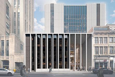 La façade, rue Notre-Dame, du futur complexe judiciaire fédéral géré par Services publics et Approvisionnement Canada. Crédit : SPAC