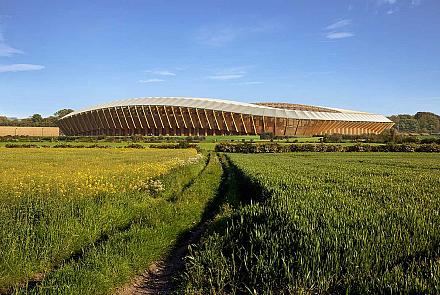 Le stade Eco Park sera construit presqu'entièrement en bois. Rendu : MIR pour  Zaha Hadid Architects
