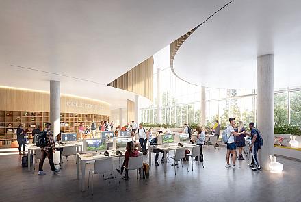 Rendu architectural de L'Épicentre-Culturel à Laval. Le projet est réalisé par Atelier TAG et NEUF architect(e)s en consortium. Crédit: Atelier TAG et NEUF - Doug & Wolfe 