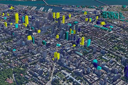Ce montage fait par des contributeurs du forum de discussion AGORA MONTRÉAL sur le développement urbain, représente les édifices actuellement en construction (jaune), ceux en planification/développement (bleu pâle) et ceux récemment complétés (bleu foncé).  