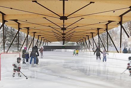 La Ville de Québec a donné le coup d’envoi aux travaux de construction de la patinoire BLEU BLANC BOUGE. Crédit : ABCP architecture 