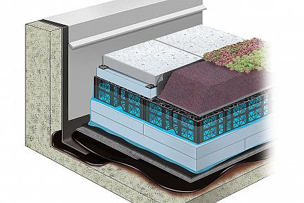 Une solution en toiture innovante permettant d’atténuer les surverses à l’égout lors d’épisodes de pluies abondantes. Image : Hydrotech