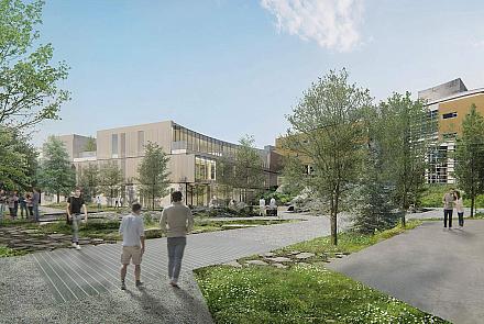 Le projet d’agrandissement du campus de Rouyn-Noranda de l’Université du Québec en Abitibi-Témiscamingue (UQAT).  Image : EVOQ architecture, MLS Architectes, Civiliti et Atkinsréalis