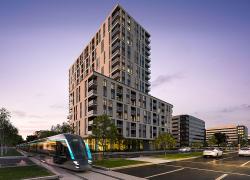 Connecté au futur tramway, l’Alo Ste-Foy comptera, à terme, 309 logements répartis sur 18 étages. Crédit : Immostar