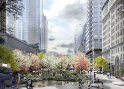 C’est sous le signe du verdissement que sera réaménagée la place de l’avenue McGill College. Image : civiliti + Mandaworks et SNC-Lavalin