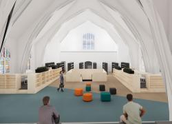 Les travaux permettront de revitaliser l’église Unie, située au 407, rue Principale, afin d’y accueillir la nouvelle bibliothèque Jean-Marc-Belzile. Crédit : C2V Architecture