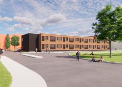 Rendu 3D du futur bâtiment modulaire écoresponsable du cégep Édouard-Montpetit (visuels à titre indicatif seulement)