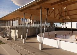 Dessiné par la firme d’architecture Atelier Guy architectes, le nouveau complexe sportif, qui est actuellement en construction, s’appuiera sur des principes de durabilité. Crédit : Atelier Guy architectes