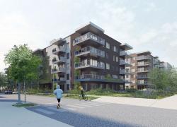 L’ensemble DESTIMO réunira 192 logements locatifs au cœur de l’écoquartier D’Estimauville. Image : Tergos