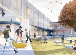 Conçu sous le thème « Au cœur de la cour », le Lab-École Gatineau se matérialisera en l’agrandissement de l’école primaire Pierre-Elliott-Trudeau. Crédit : DMA Architectes. 