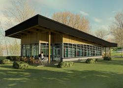 Le chalet d’accueil de la berge aux Quatre-Vents, à Laval, visera une certification LEED. Crédit : Ville de Laval