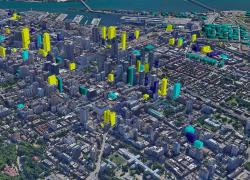 Ce montage fait par des contributeurs du forum de discussion AGORA MONTRÉAL sur le développement urbain, représente les édifices actuellement en construction (jaune), ceux en planification/développement (bleu pâle) et ceux récemment complétés (bleu foncé).  