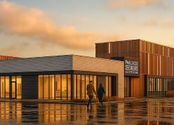 Détruit en 2022 par un incendie, l’ancien pavillon sera remplacé par un bâtiment plus grand et lumineux qui intégrera également des stratégies durables. Crédit : Ville de Trois-Rivières
