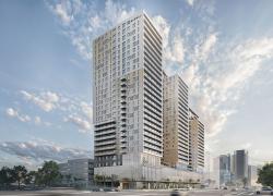 Le promoteur prévoit construire une tour à usage mixte, haute de 28 étages, à la tête des ponts, soit au 3000, boulevard Laurier. Crédit : CCM2 Architectes