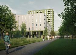 Il s’agit du premier projet qui verra le jour dans l’écoquartier Louvain, situé dans l’arrondissement d’Ahuntsic-Cartierville, à Montréal. Crédit : Provencher_Roy