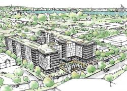 Nécessitant un investissement de 200 millions de dollars, le projet sera déployé au 550, boulevard Roland-Therrien, où se trouve présentement un petit centre commercial. Crédit : Groupe HD