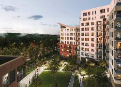 Le projet Square Bellevue, qui vise une double certification LEED, se veut un milieu connecté à la nature. Crédit : Dév Méta