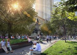 Un réaménagement sur fond vert pour le square Phillips. Image : Ville de Montréal