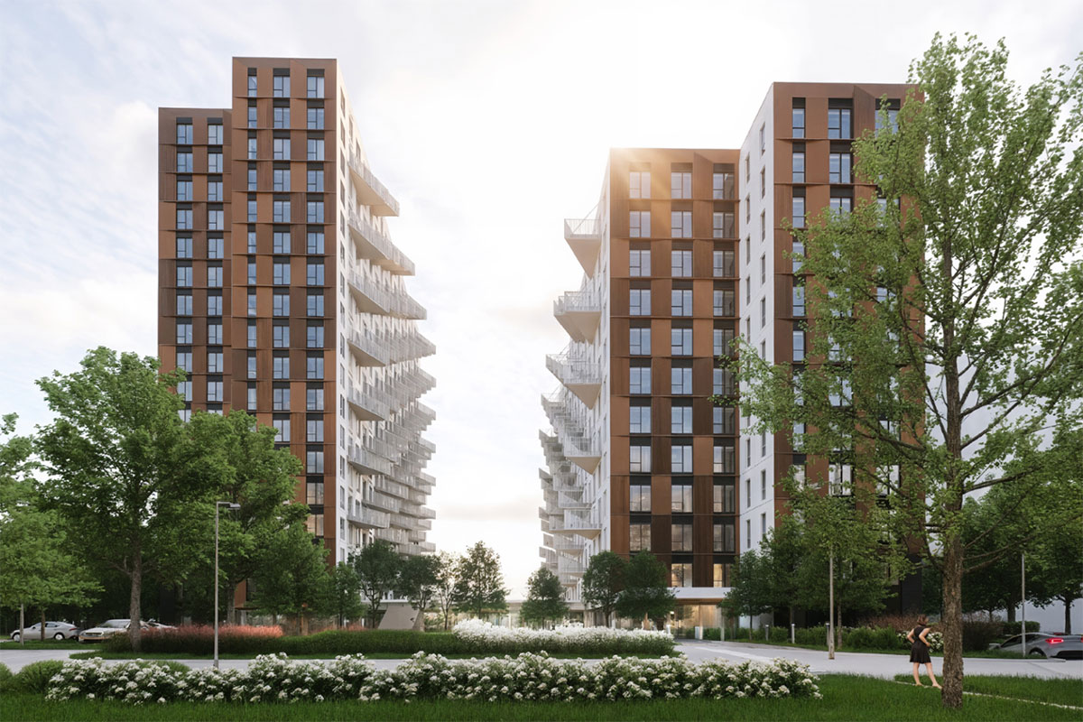 À terme, deux tours d'habitation à structure en bois massif de grande hauteur, avec une performance environnementale qui se veut exemplaire, seront construites à Terrebonne. Crédit : Provencher_Roy